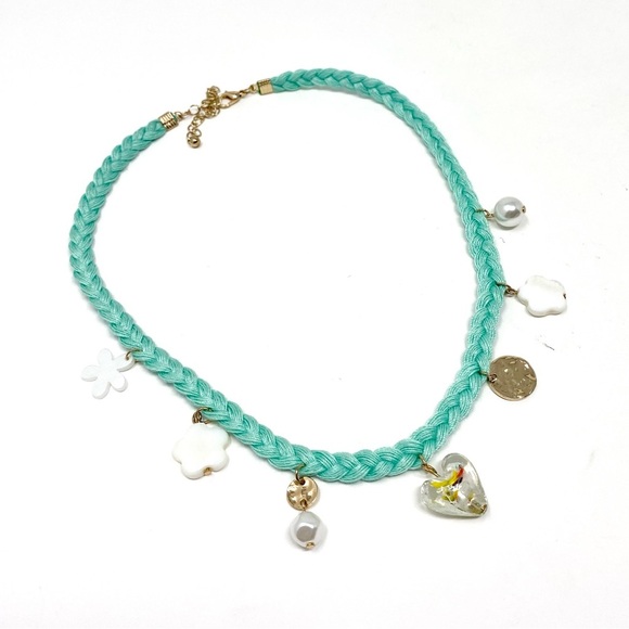 New Free People Charm Choker Necklace Blue Flower Heart - Picture 1 of 6